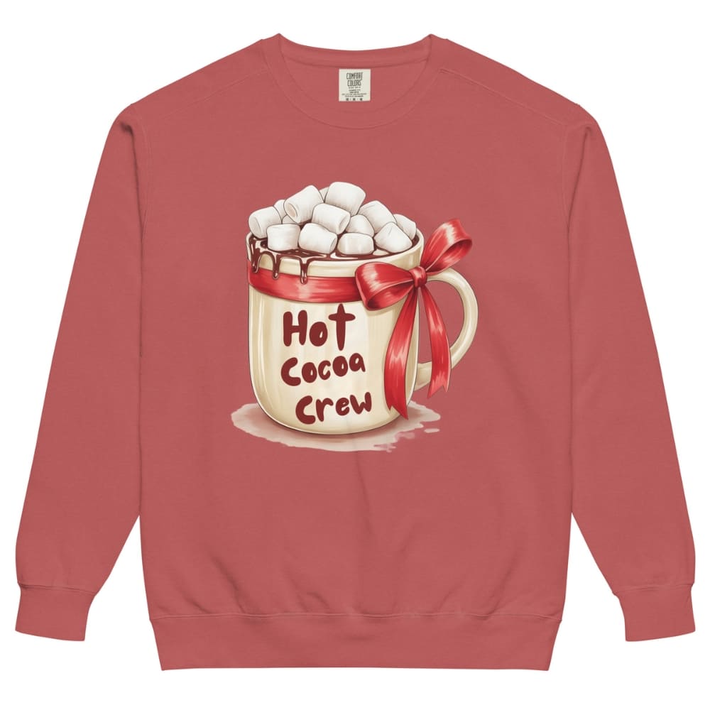 Red sweatshirt with a hot cocoa graphic and 'Hot Cocoa Crew' text on a white background