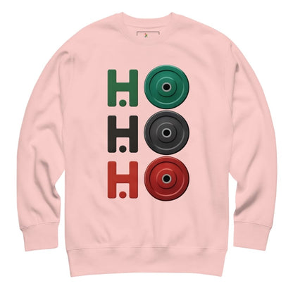 Pink sweatshirt with 'HO HO HO' text and colorful circles on a white background