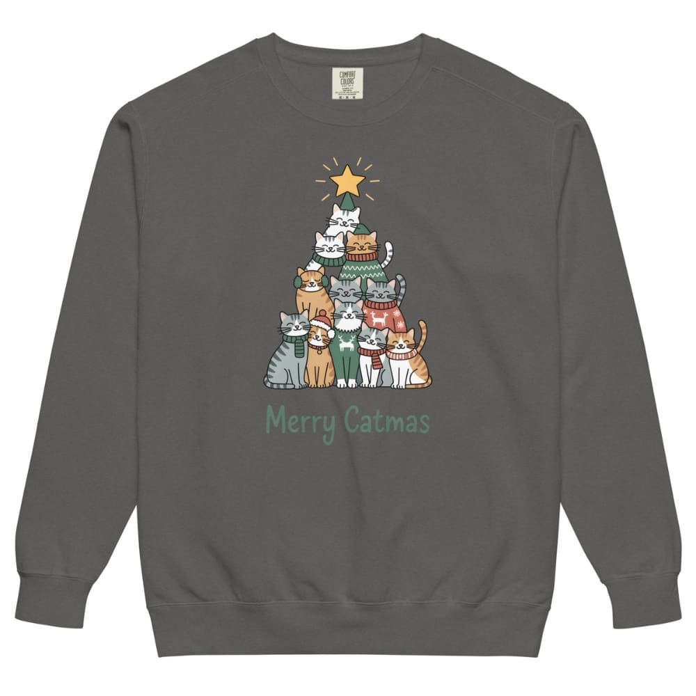 Gray sweatshirt with a Christmas tree design of cats and 'Merry Catmas' text on a white background