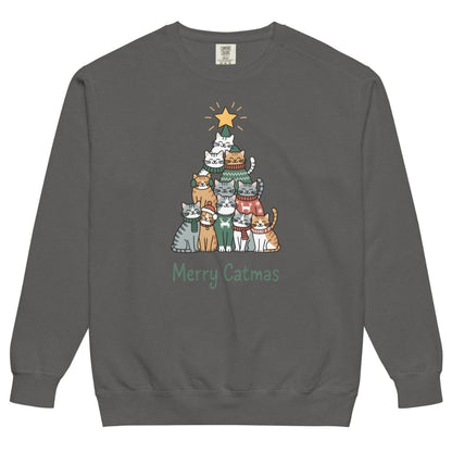 Gray sweatshirt with a Christmas tree design of cats and 'Merry Catmas' text on a white background