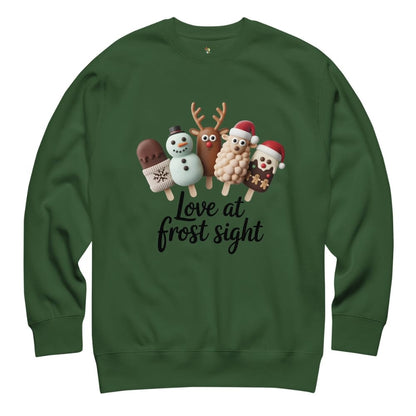 Green sweatshirt with Christmas-themed design and text on a white background