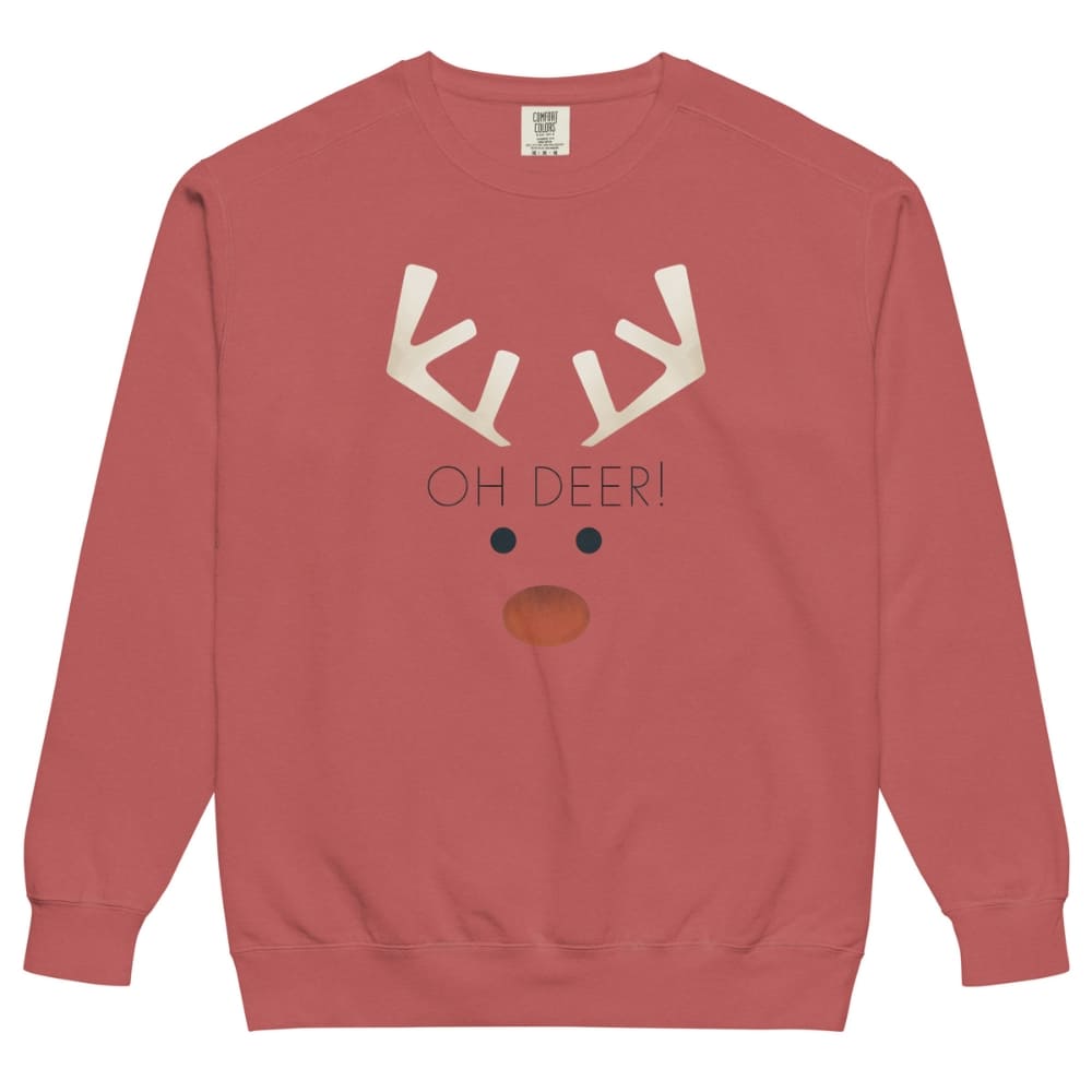 Red sweatshirt with a reindeer face design and 'OH DEER!' text on a white background