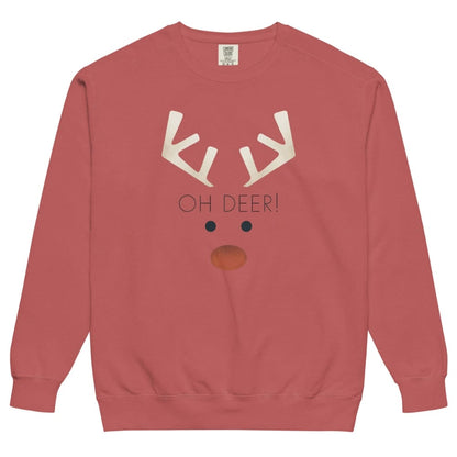 Red sweatshirt with a reindeer face design and 'OH DEER!' text on a white background