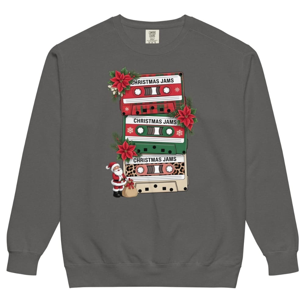 Gray sweatshirt with Christmas-themed cassette tapes and Santa Claus design on a white background