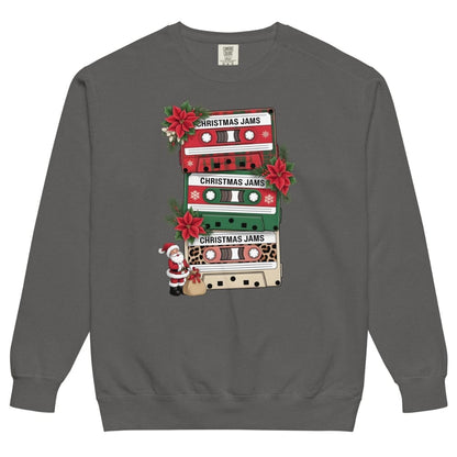 Gray sweatshirt with Christmas-themed cassette tapes and Santa Claus design on a white background