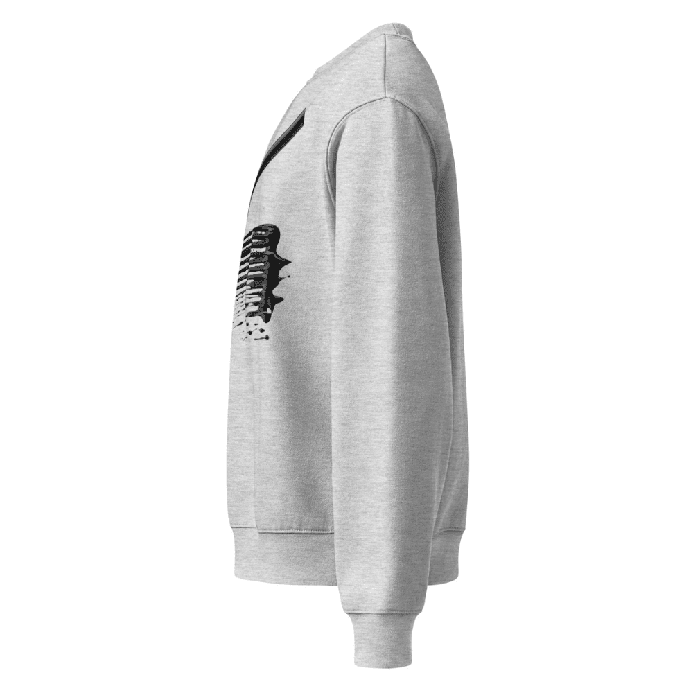 Gray hoodie with a black logo on the sleeve against a white background