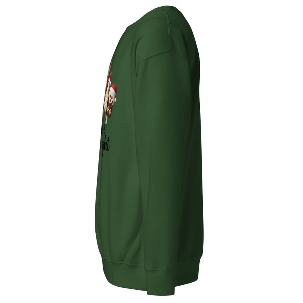 Green sweatshirt with a graphic design on the sleeve against a white background