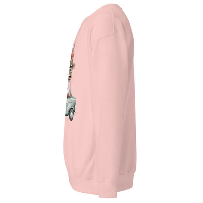 Pink sweatshirt with a graphic design on the sleeve against a white background