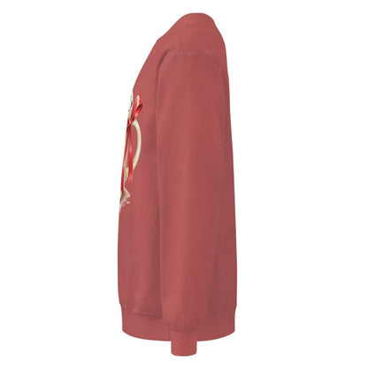Red sweatshirt with a graphic design on the sleeve against a white background