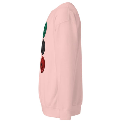 Pink sweatshirt with colorful buttons on a white background