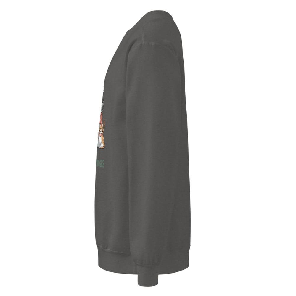 Dark gray sweatshirt with colorful graphic on sleeve against a white background