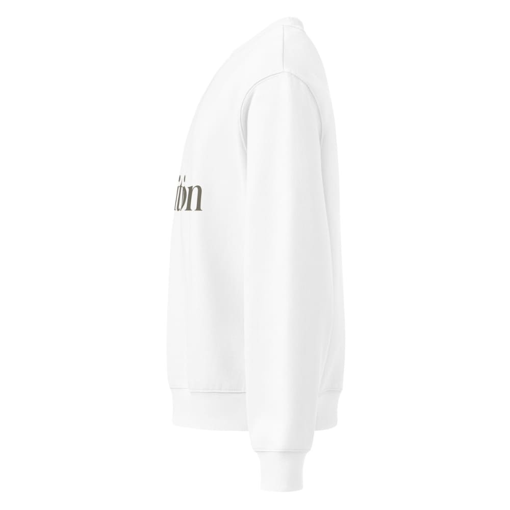 White hoodie with text on the sleeve against a white background