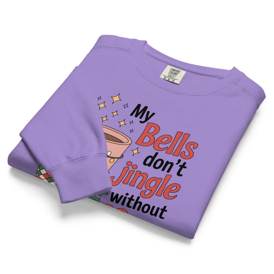 Folded purple sweatshirt with humorous text and graphic on a white background