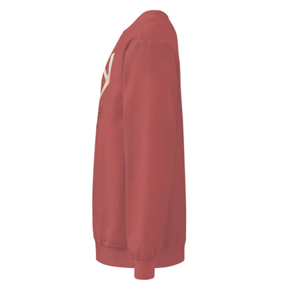 Red sweatshirt with a white logo on a white background