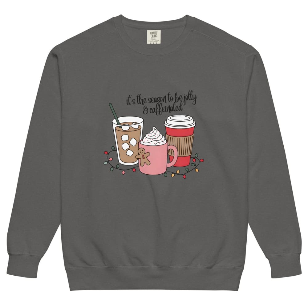 Gray sweatshirt with coffee-themed graphic and text on a white background