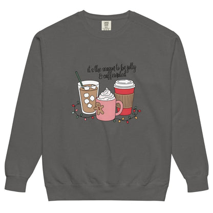Gray sweatshirt with coffee-themed graphic and text on a white background