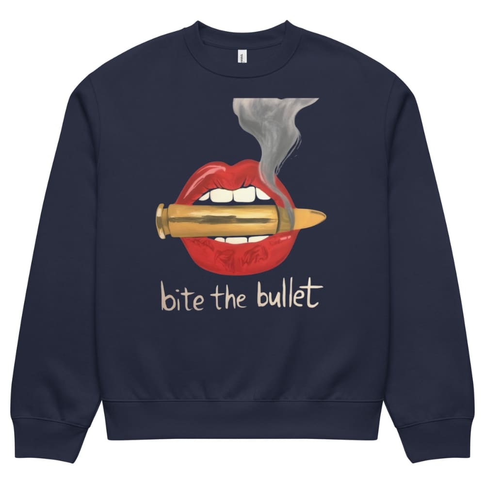 Navy blue sweatshirt with graphic of lips biting a bullet and 'bite the bullet' text on a white background