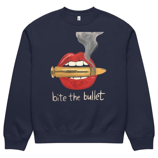 Navy blue sweatshirt with graphic of lips biting a bullet and 'bite the bullet' text on a white background