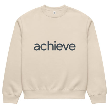 Beige sweatshirt with 'achieve' text on a white background