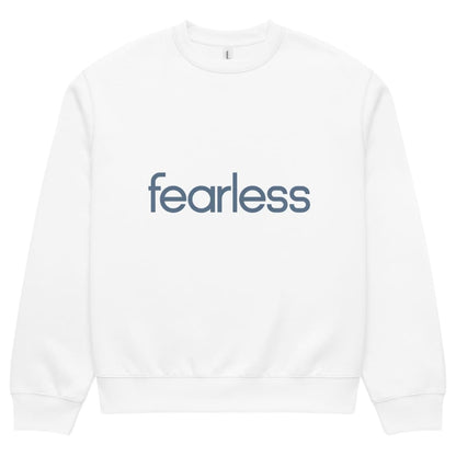 White sweatshirt with 'fearless' text on a white background