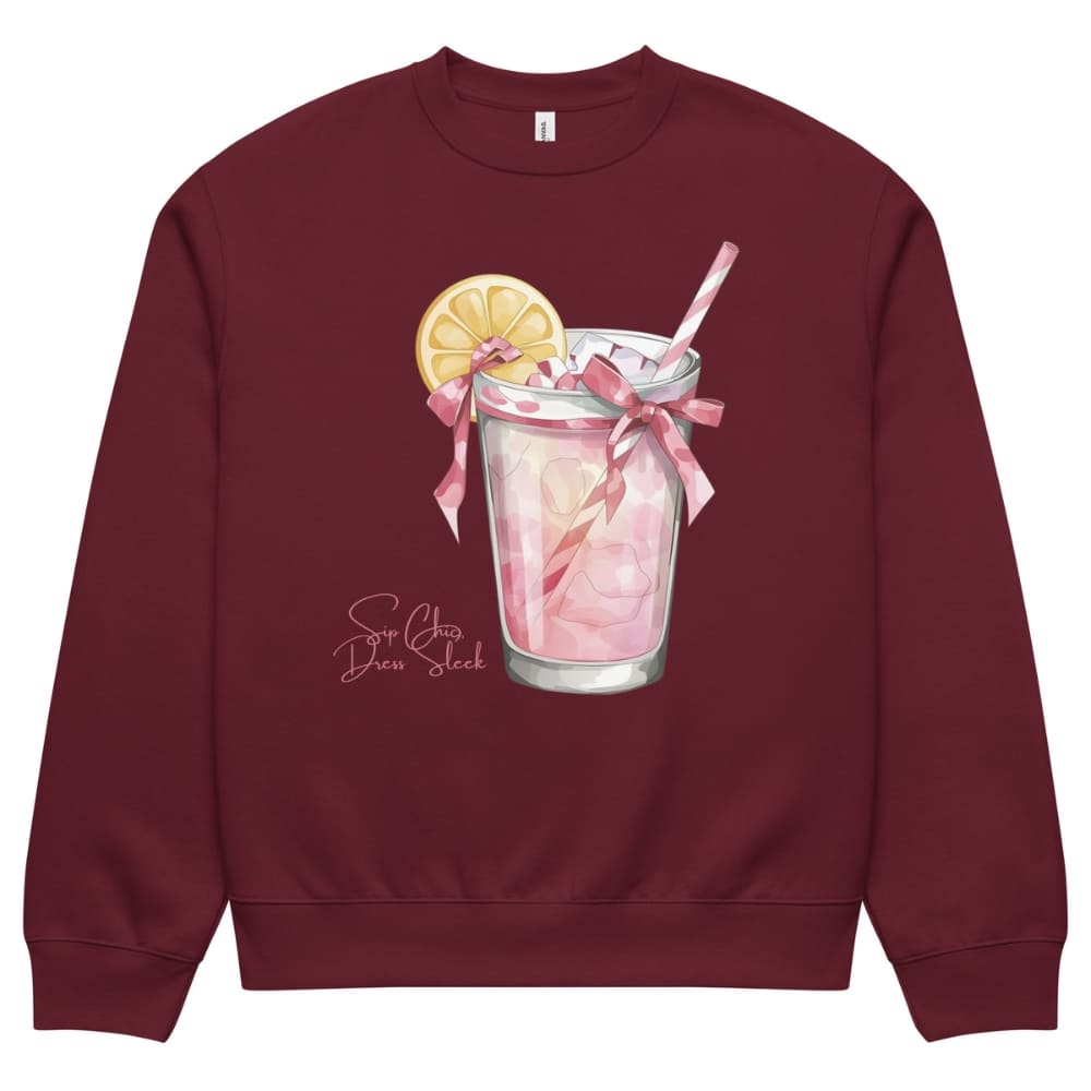 Maroon sweatshirt with a pink drink and lemon design on a white background