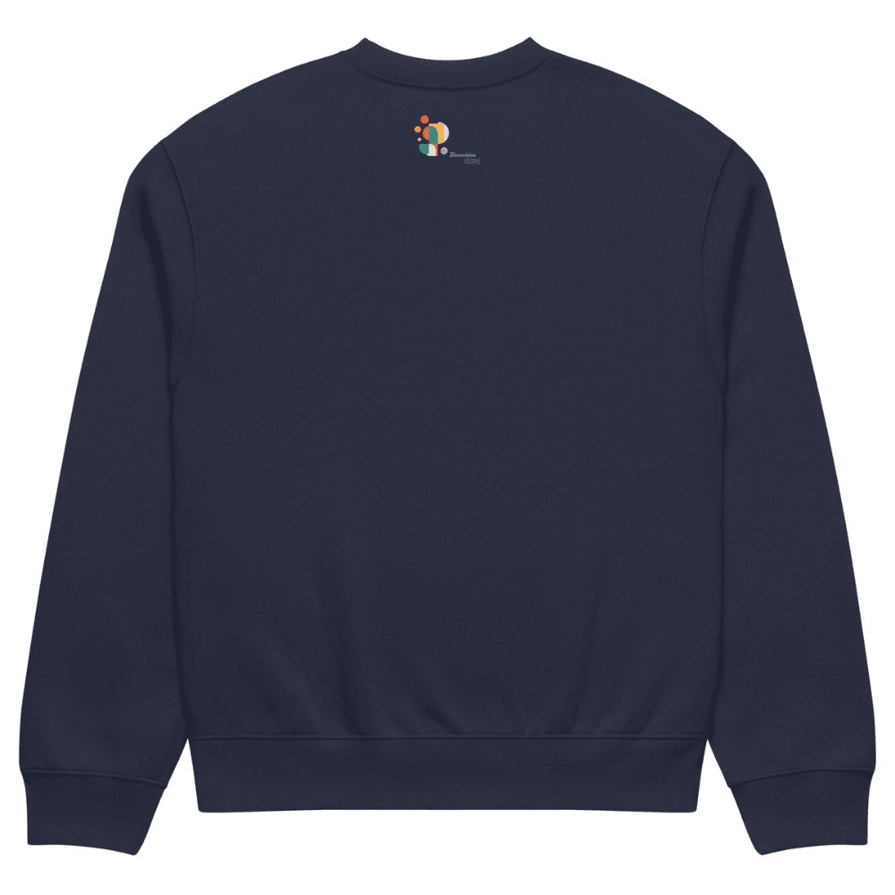 Navy blue sweatshirt with a small colorful logo on the chest against a white background