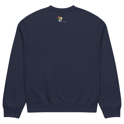 Navy blue sweatshirt with a small colorful logo on the chest against a white background