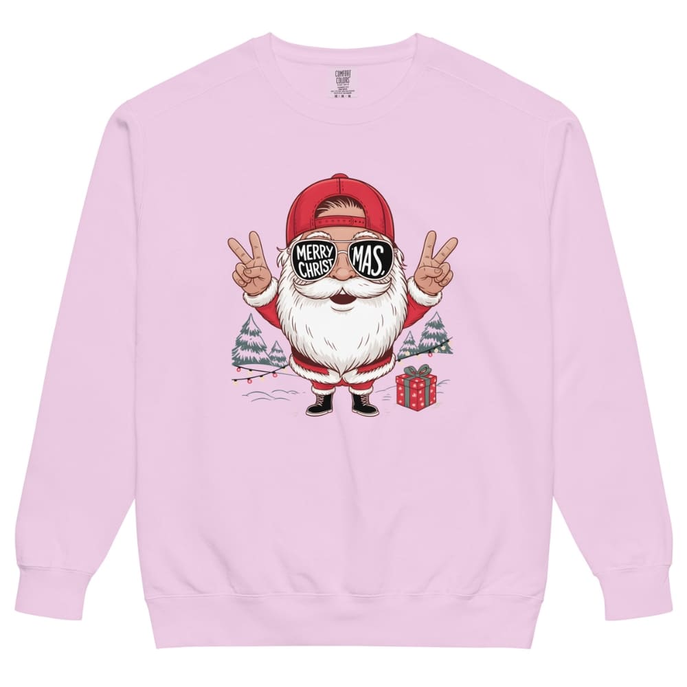 Pink sweatshirt with a cartoon Santa Claus design on a white background