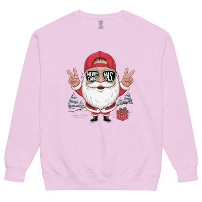 Pink sweatshirt with a cartoon Santa Claus design on a white background