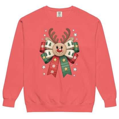 Red sweatshirt with a reindeer and bow design on a white background