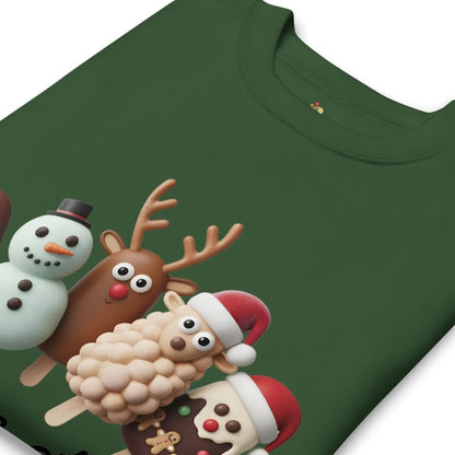 Green t-shirt with Christmas-themed characters including a reindeer, snowman, and gingerbread man on a white background.