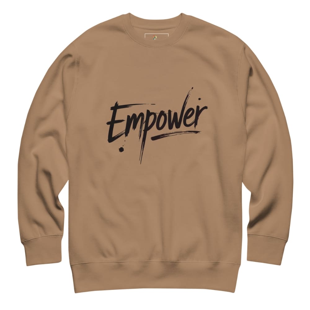 Brown sweatshirt with 'Empower' text on a white background