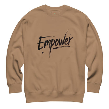 Brown sweatshirt with 'Empower' text on a white background