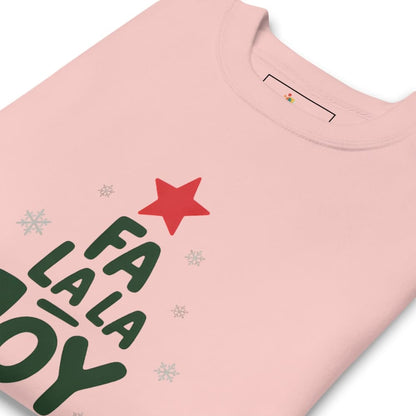 Pink t-shirt with 'Fa La La' text and red star design on a white background