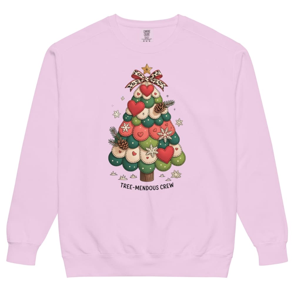 Pink sweatshirt with a Christmas tree design and text on a white background