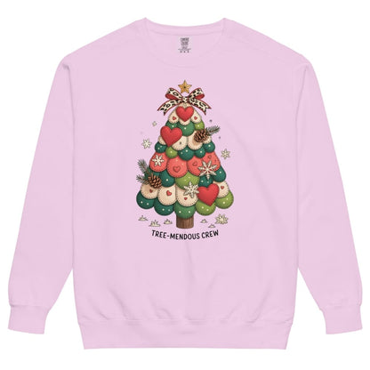 Pink sweatshirt with a Christmas tree design and text on a white background