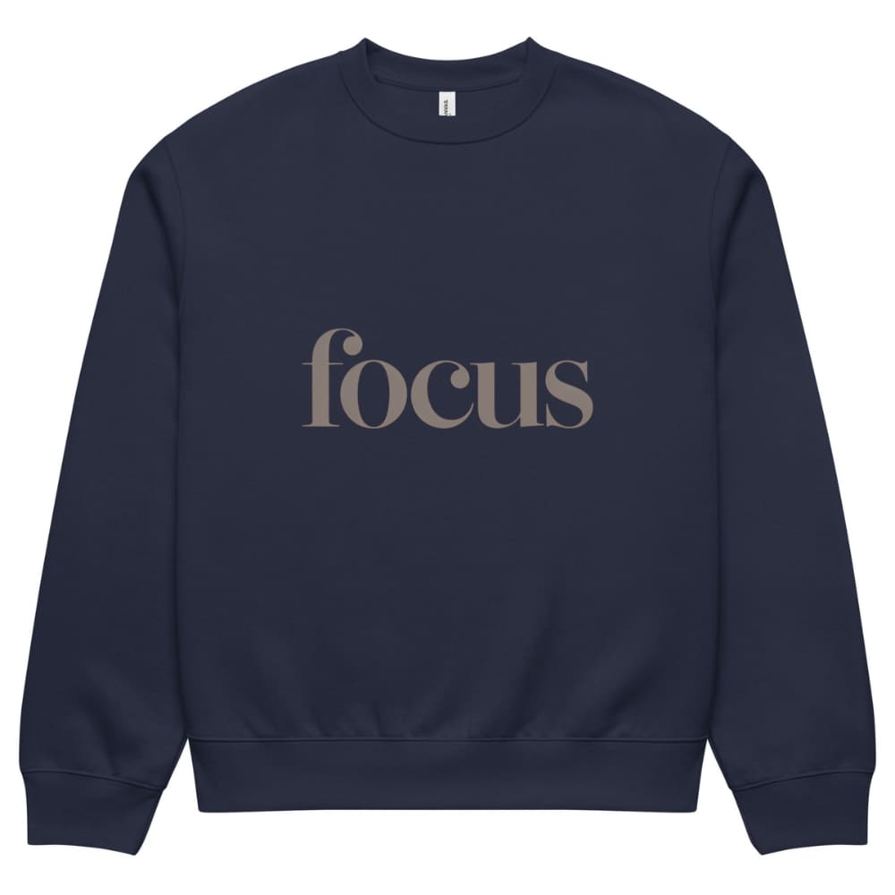 Navy blue sweatshirt with 'focus' text on a white background