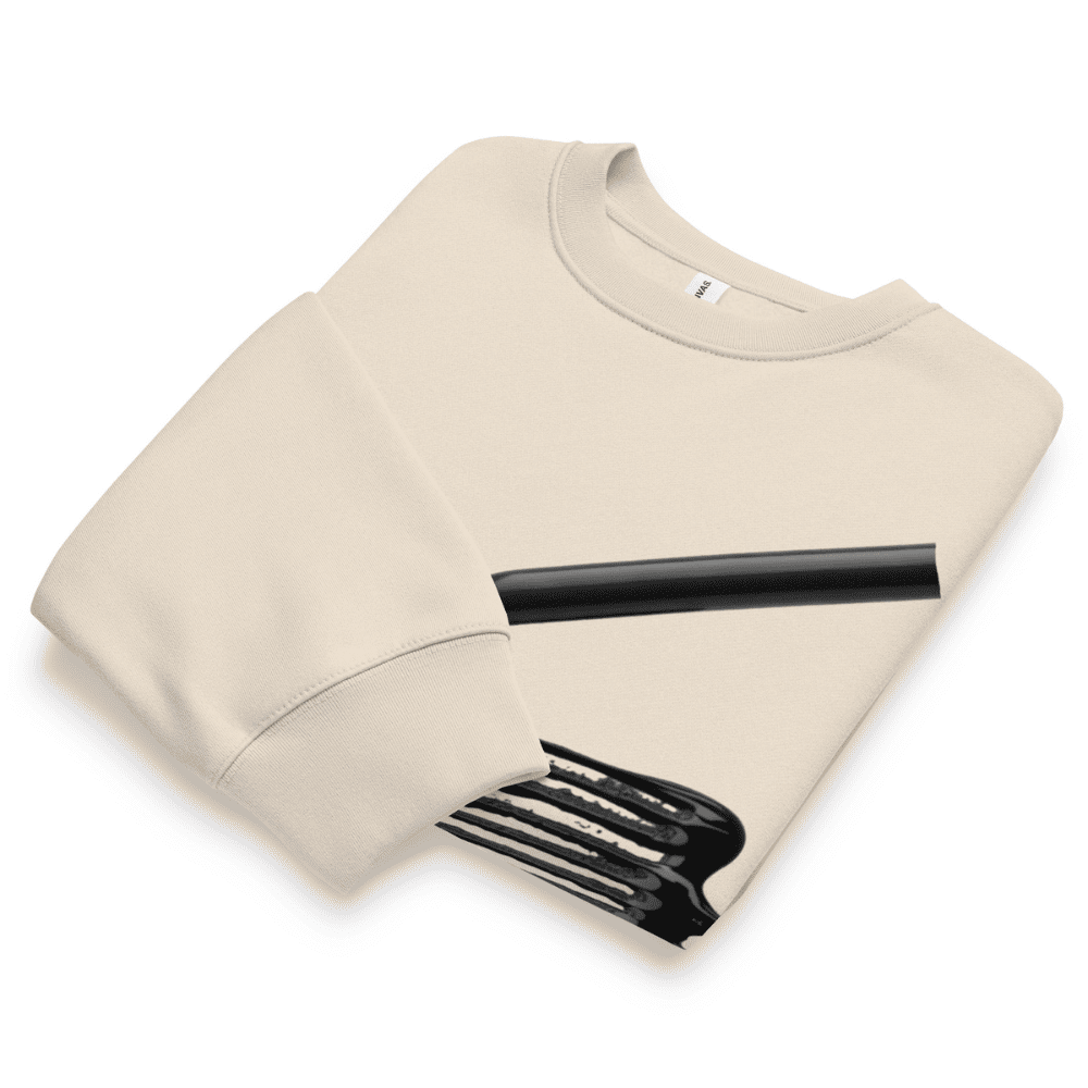 Beige sweatshirt with black graphic design on a white background