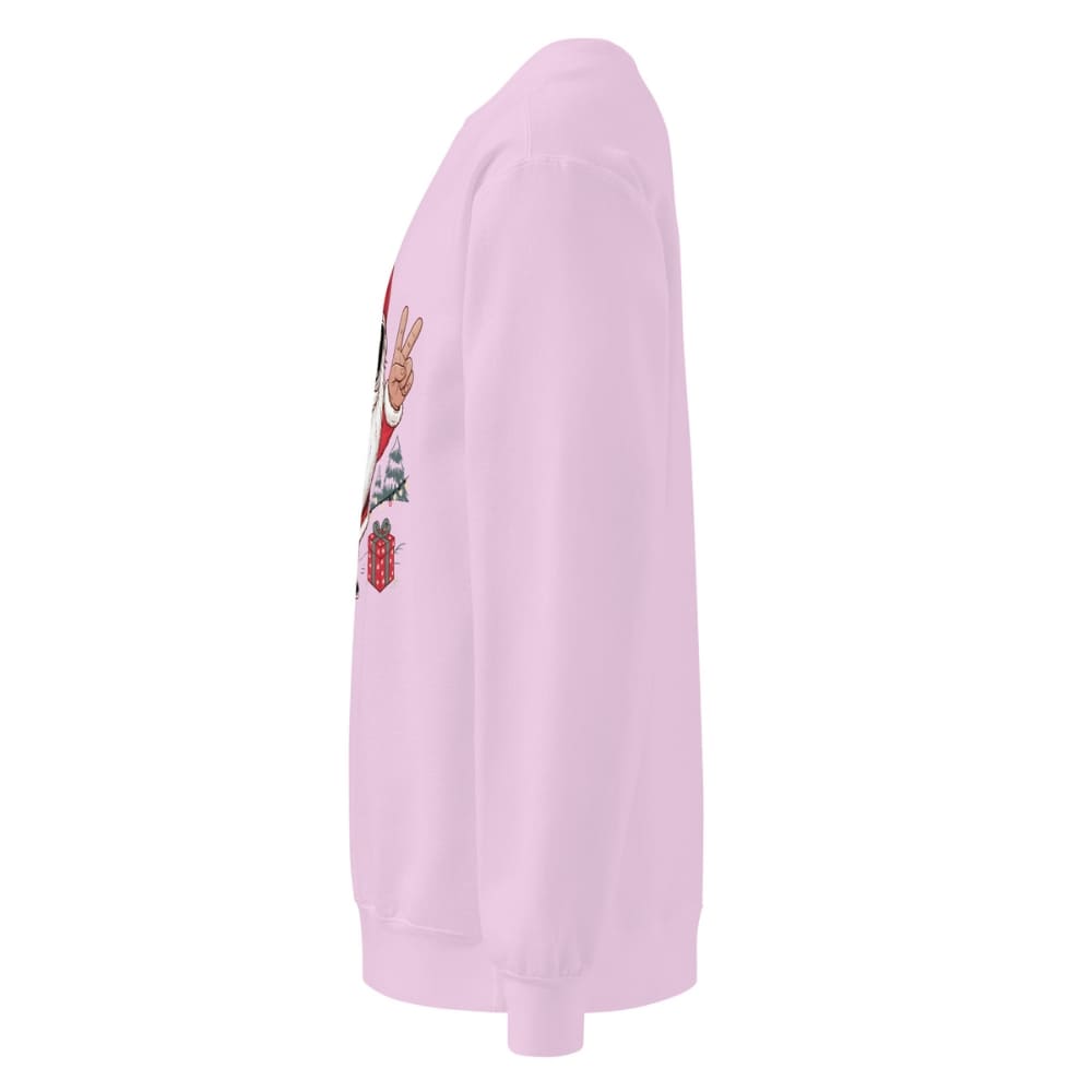 Light pink sweatshirt with a graphic design on the sleeve against a white background