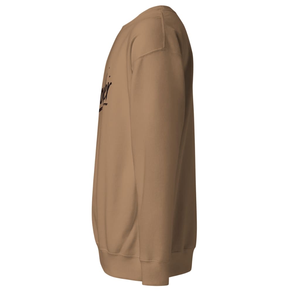Tan sweatshirt with a brand logo on a white background