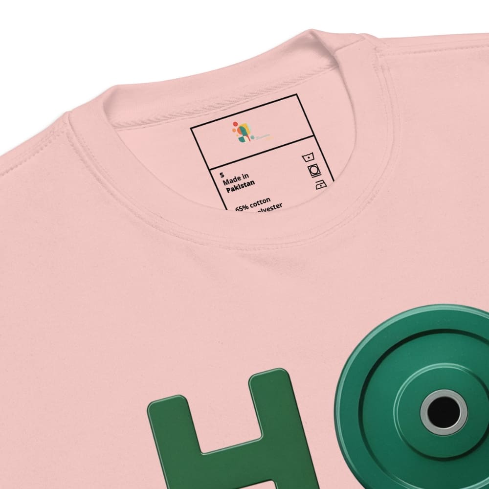 Pink sweatshirt with green text and a green weight plate on a white background