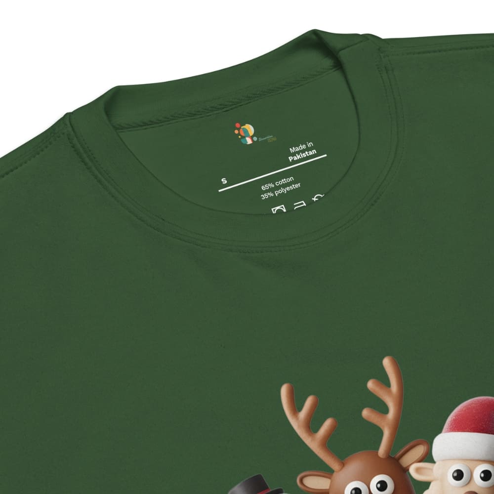 Green t-shirt with cartoon reindeer and Santa Claus design on a white background