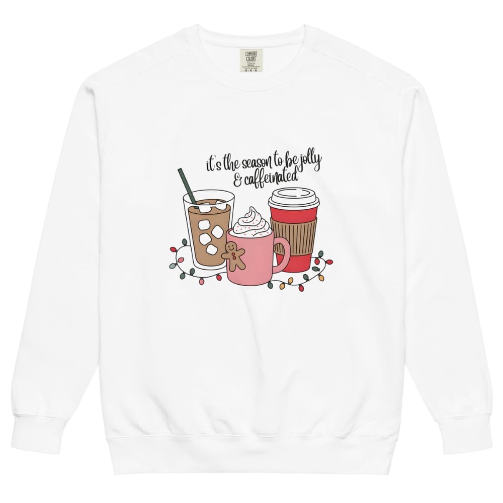 White sweatshirt with festive drink graphic and text on a white background