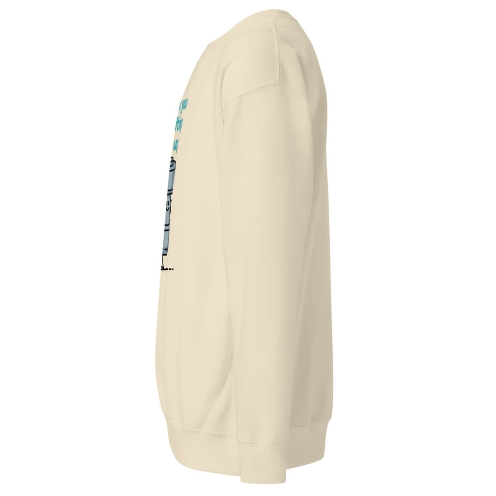 Beige sweatshirt with a small graphic on the sleeve against a white background