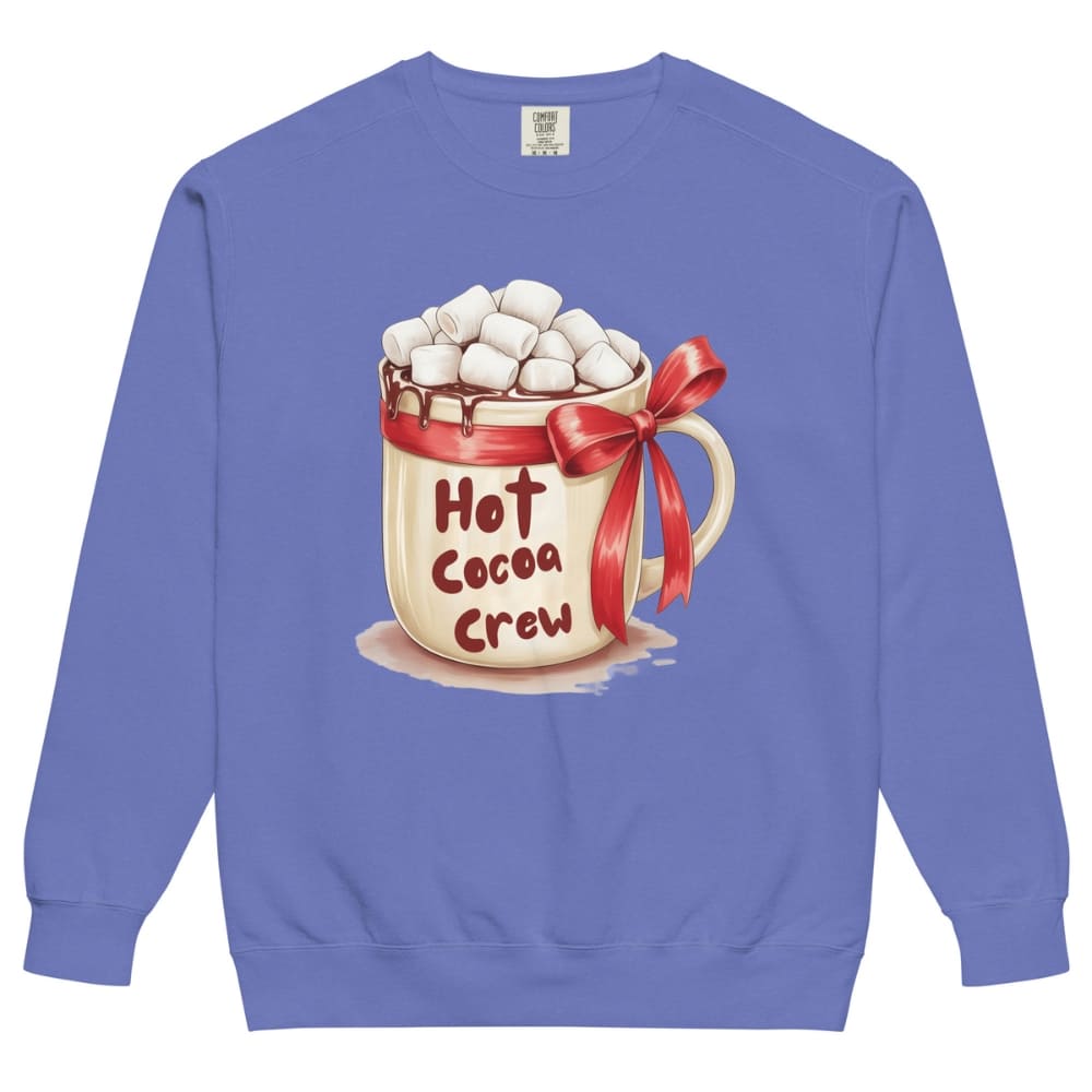 Blue sweatshirt with a hot cocoa mug graphic and 'Hot Cocoa Crew' text on a white background