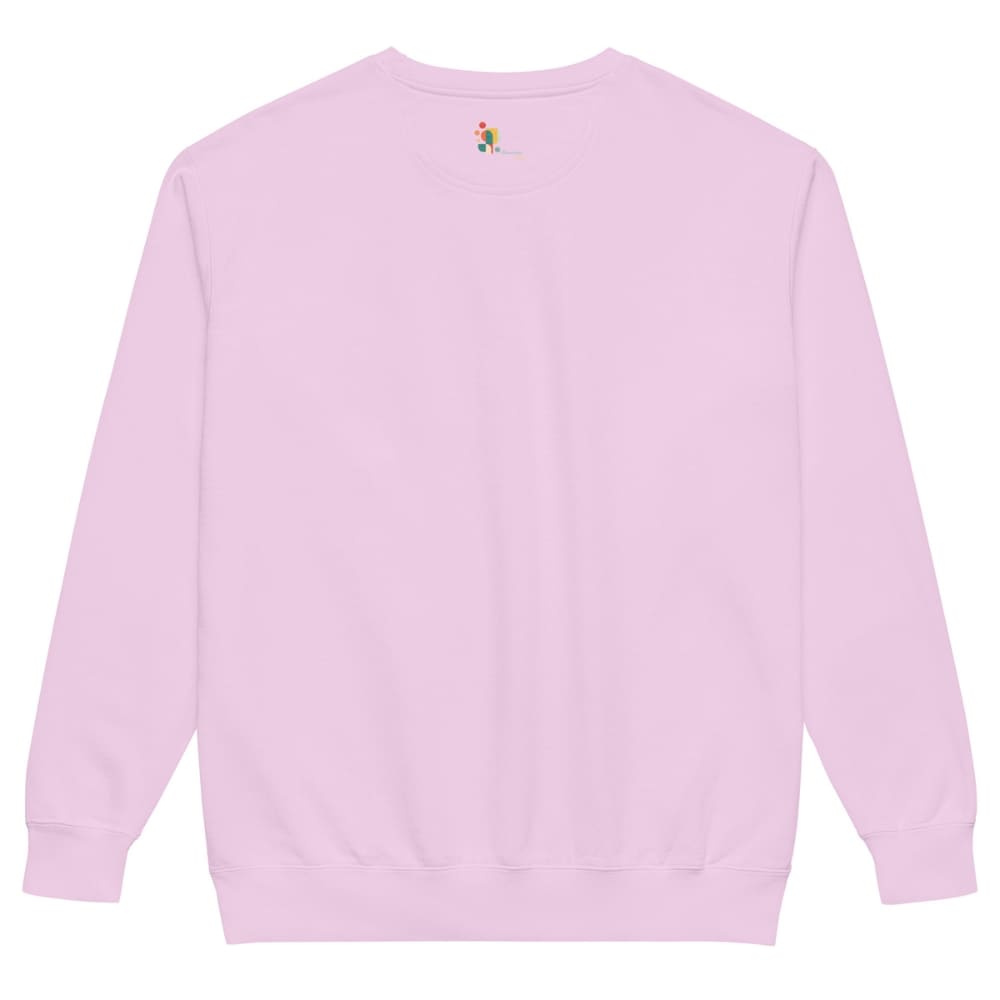 Light pink sweatshirt with a small colorful graphic on the back against a white background