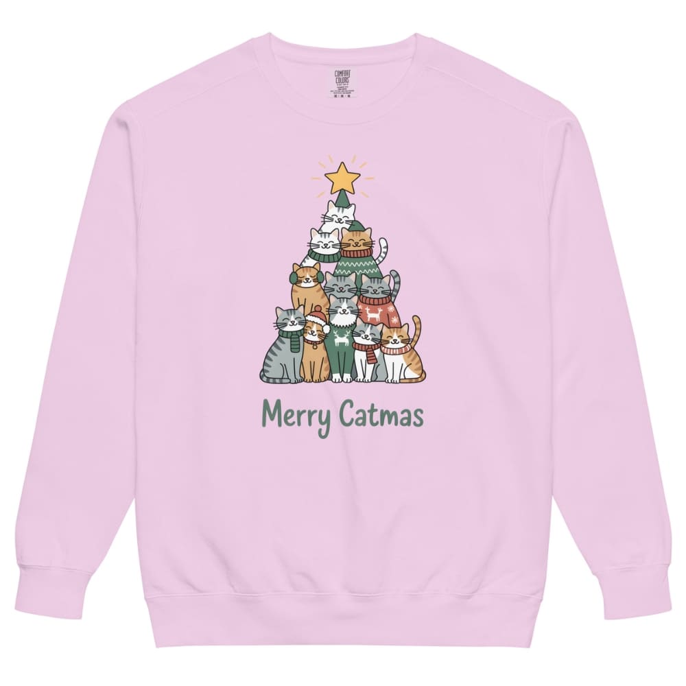 Pink sweatshirt with a Christmas tree design of cats and 'Merry Catmas' text on a white background