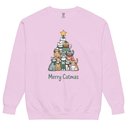 Pink sweatshirt with a Christmas tree design of cats and 'Merry Catmas' text on a white background