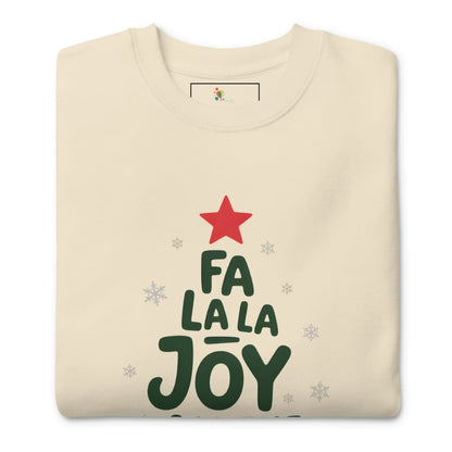 Folded cream sweatshirt with 'Fa La La Joy' text and red star on a white background