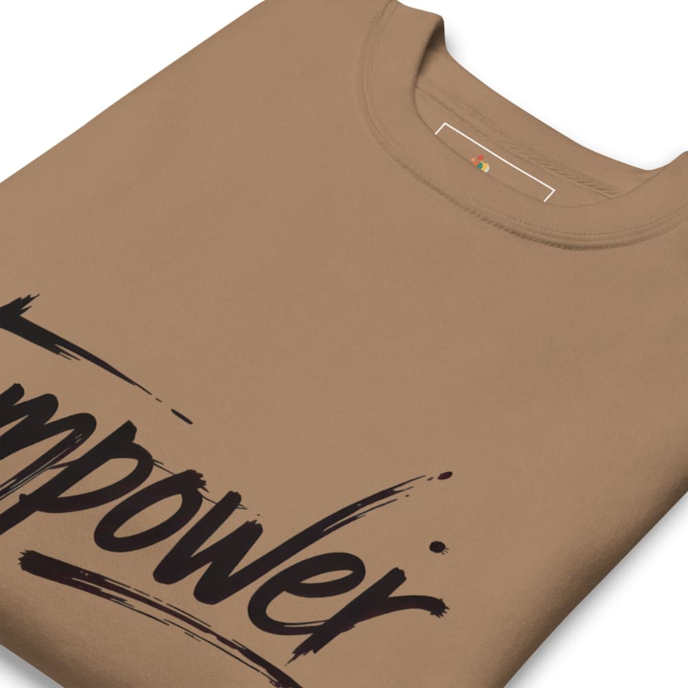 Brown t-shirt with 'empower' text on a white background